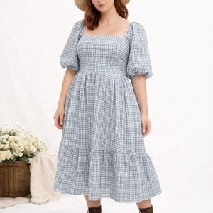 Abercrombie Plaid Puff Sleeve Midi Dress XXL Blue Cream Cottagecore Prairie Poet